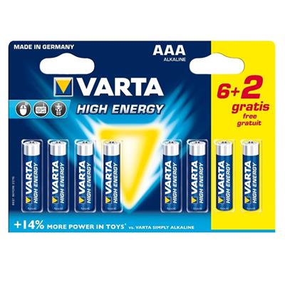 VARTA High Energy Alkaline batterij, AAA/LR03, 1,5V, Blister 6+2 Gratis!
